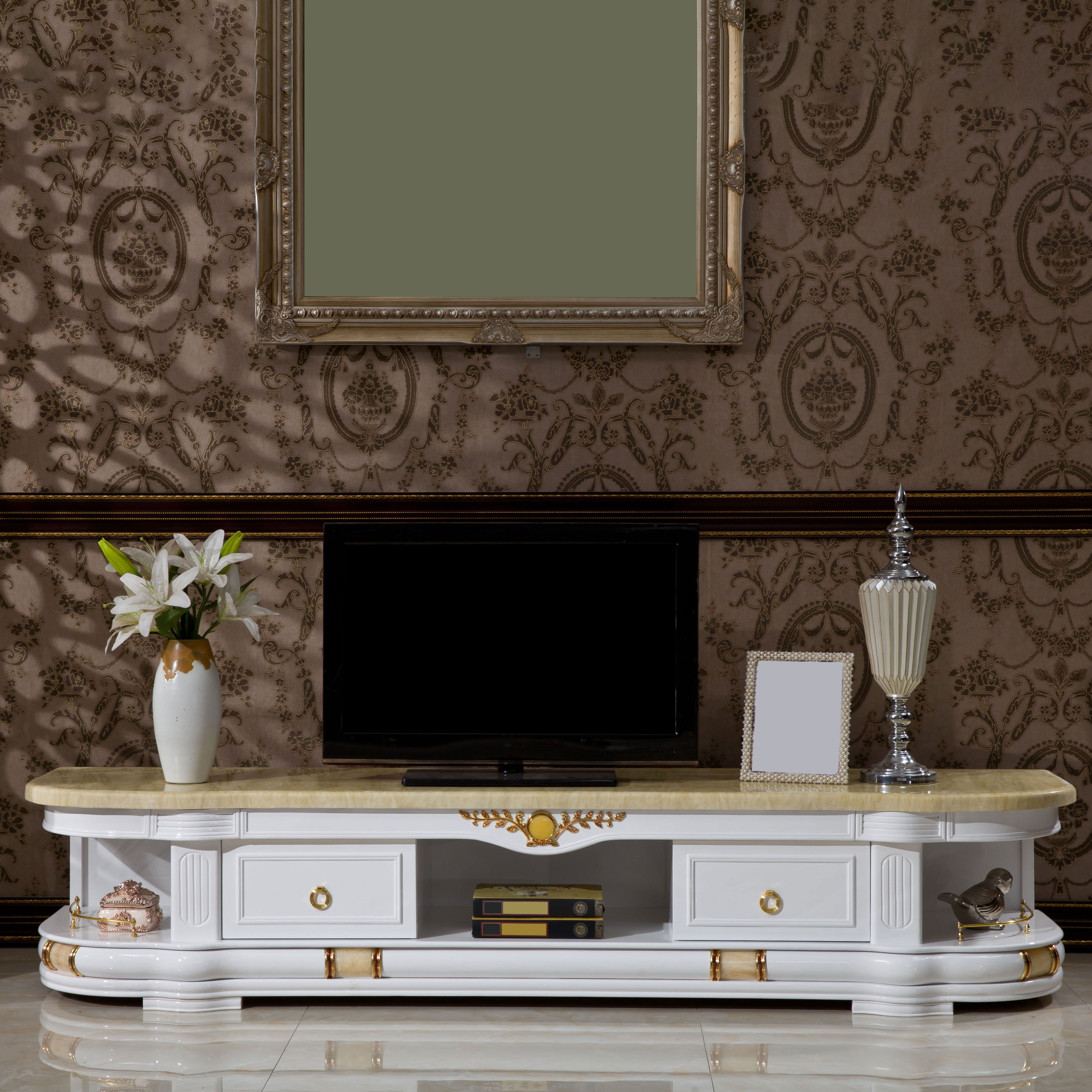 Modern Style TV Stand Marble and Oak Wood TV Cabinet with Shelves