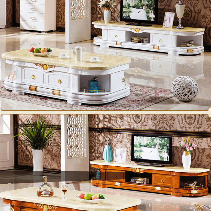 Modern Style TV Stand Marble and Oak Wood TV Cabinet with Shelves