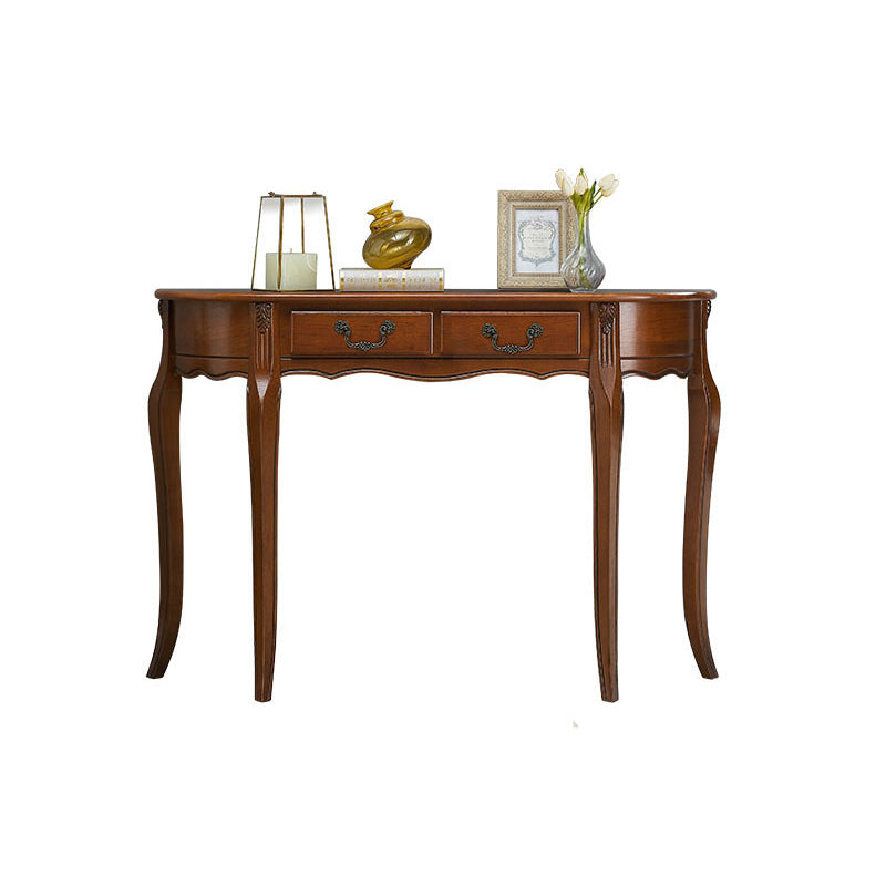 Brown Rubbered Wood Console Table Solid Wood Accent Table with Drawer for Hall