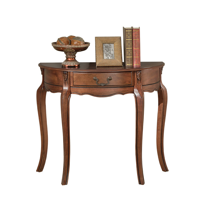 Brown Rubbered Wood Console Table Solid Wood Accent Table with Drawer for Hall