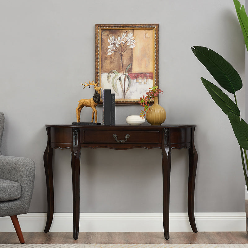 Brown Rubbered Wood Console Table Solid Wood Accent Table with Drawer for Hall