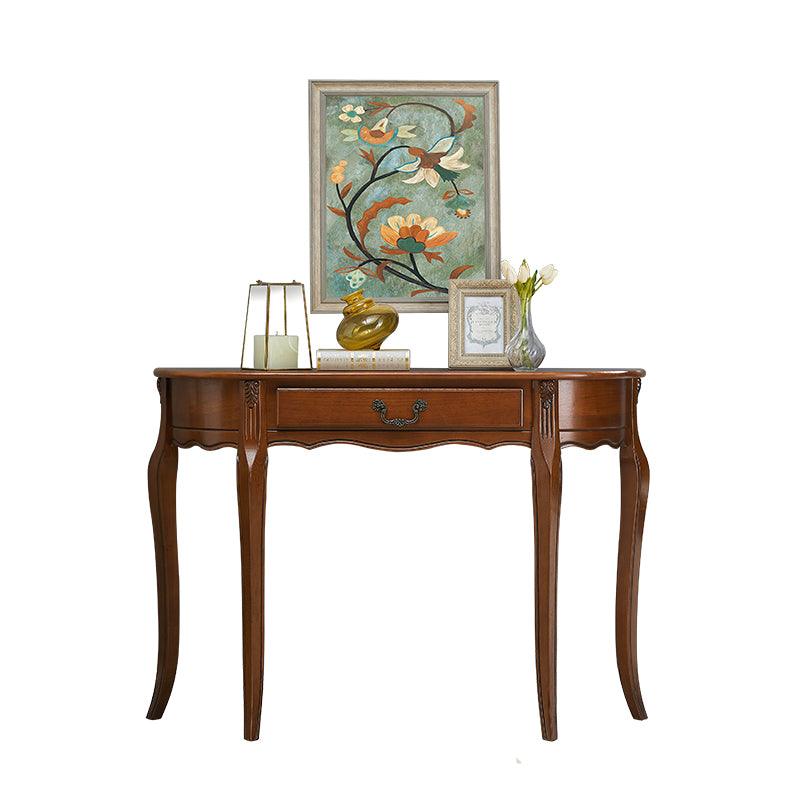 Brown Rubbered Wood Console Table Solid Wood Accent Table with Drawer for Hall