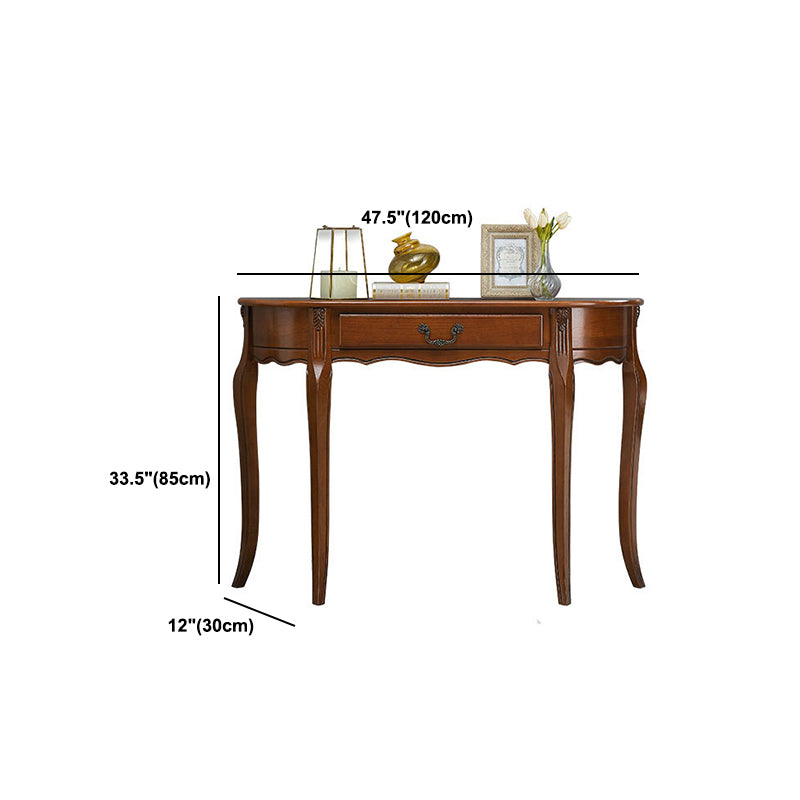 Brown Rubbered Wood Console Table Solid Wood Accent Table with Drawer for Hall