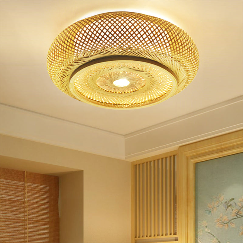 Asian Style Bamboo Flush Mount Lighting Rounded Drum Ceiling Light for Living Room