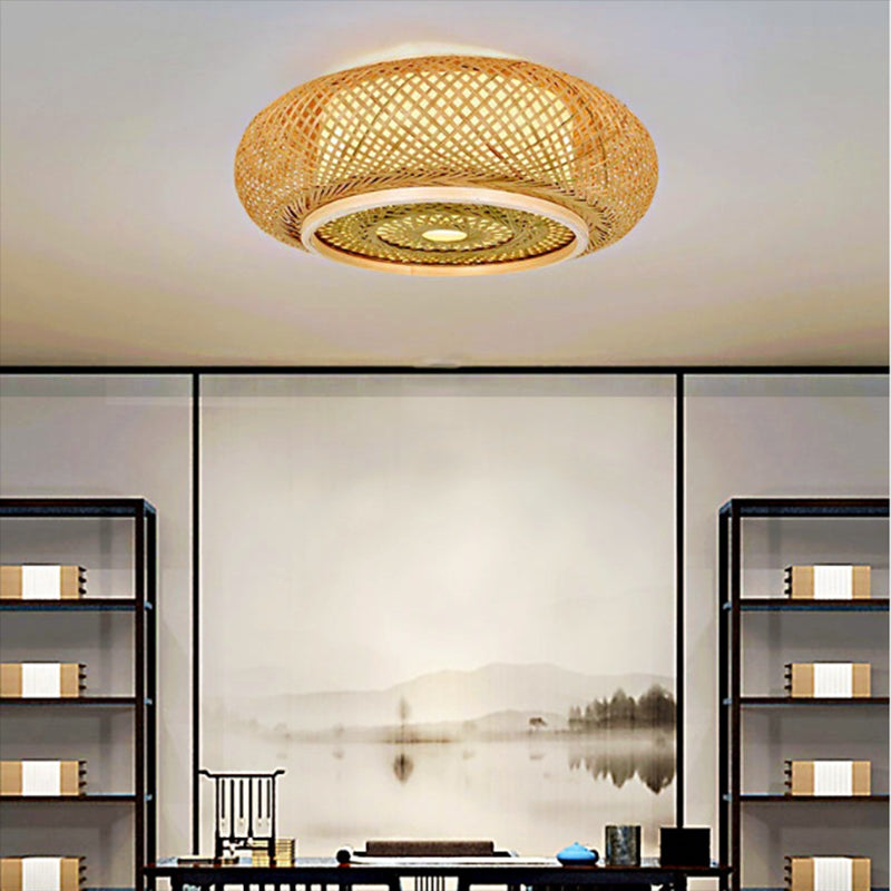 Asian Style Bamboo Flush Mount Lighting Rounded Drum Ceiling Light for Living Room