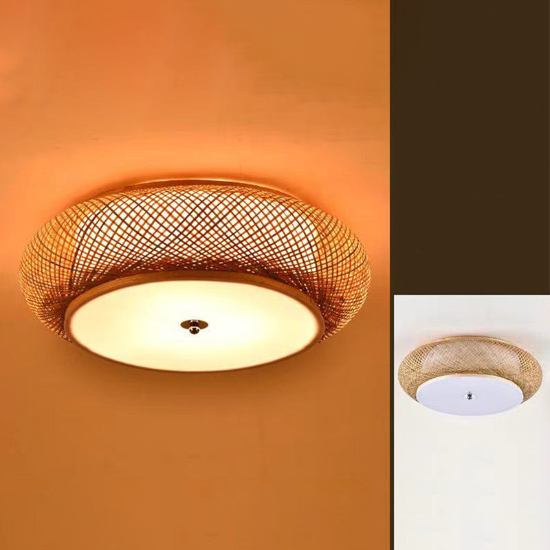 Asian Style Bamboo Flush Mount Lighting Rounded Drum Ceiling Light for Living Room