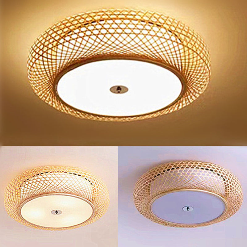 Asian Style Bamboo Flush Mount Lighting Rounded Drum Ceiling Light for Living Room