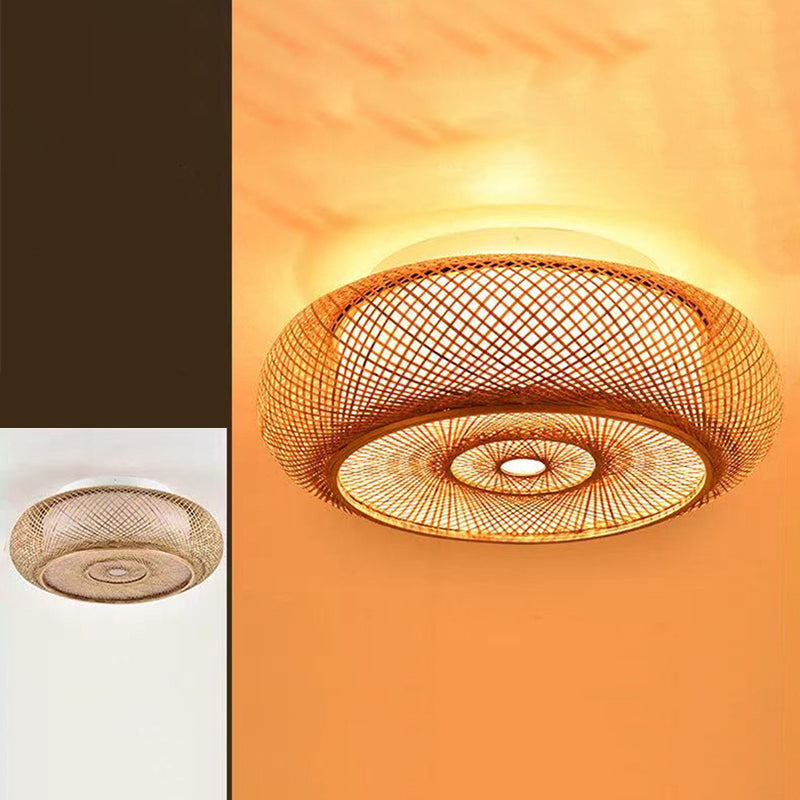 Asian Style Bamboo Flush Mount Lighting Rounded Drum Ceiling Light for Living Room