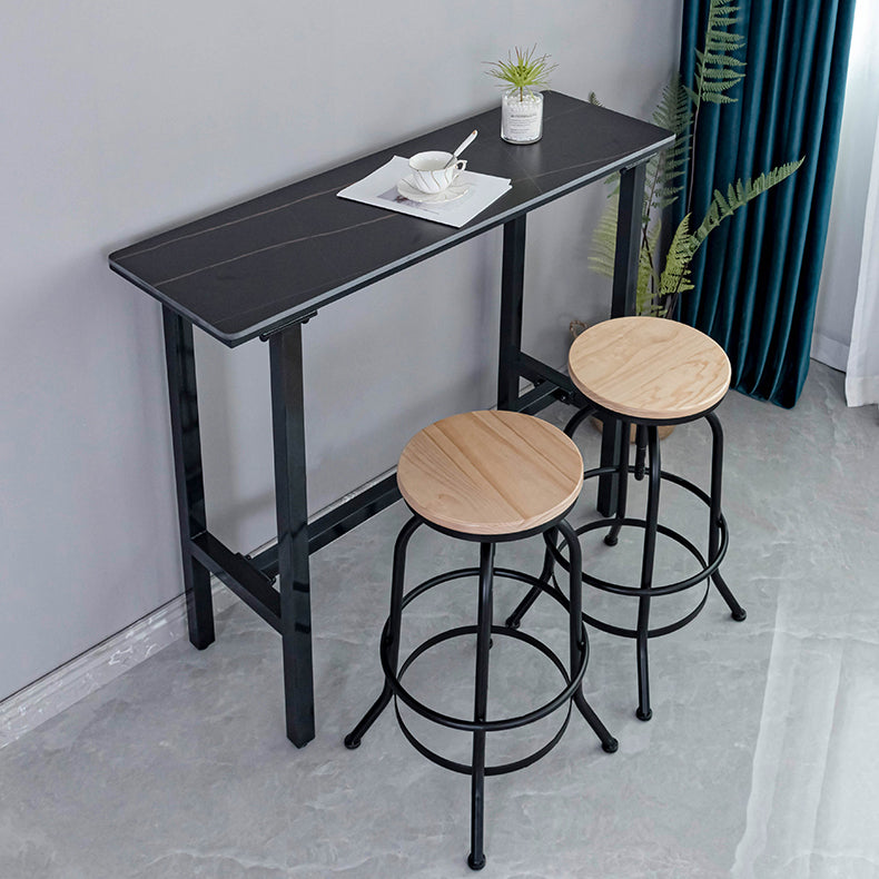 Rectangle Stone Bar Dining Table Industrial Bar Dining Table with Trestle Base in Black