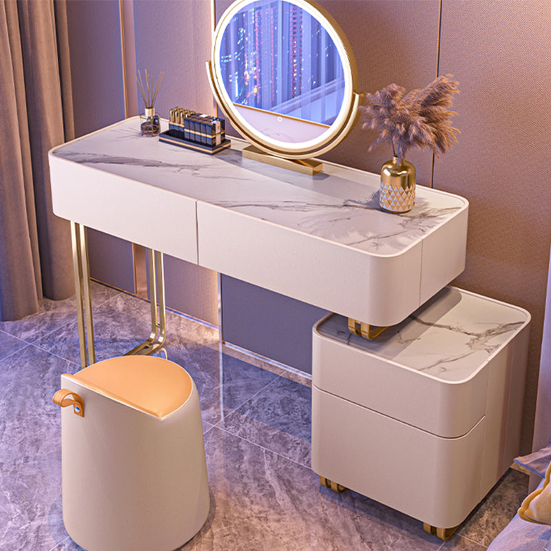 Glam Dressing Table Beige Slate/Glass Top Vanity Table and Stool Set