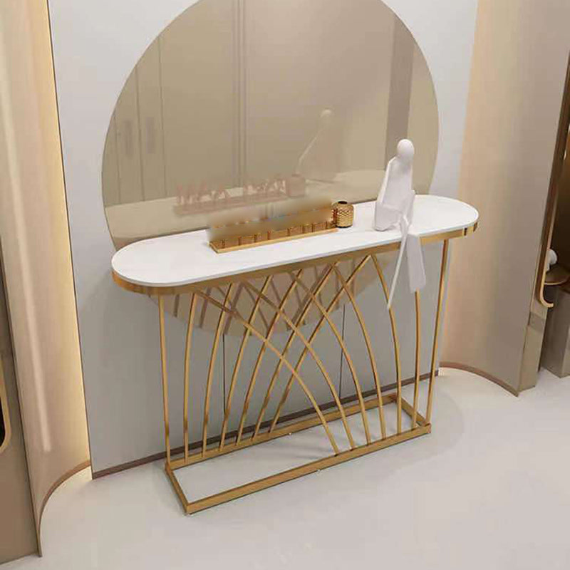 Glam Stone Oval Console Table Gold Frame Accent Table for Hall