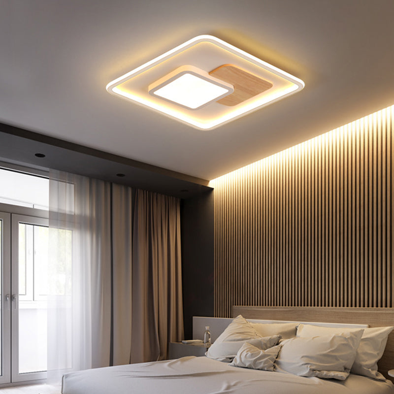 Simple Style Square Flush Mount Light Wood LED Ceiling Light for Bedroom