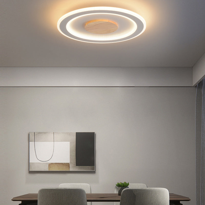 White Circle Flush Light Modern Wood LED Ceiling Light Fixture for Bedroom