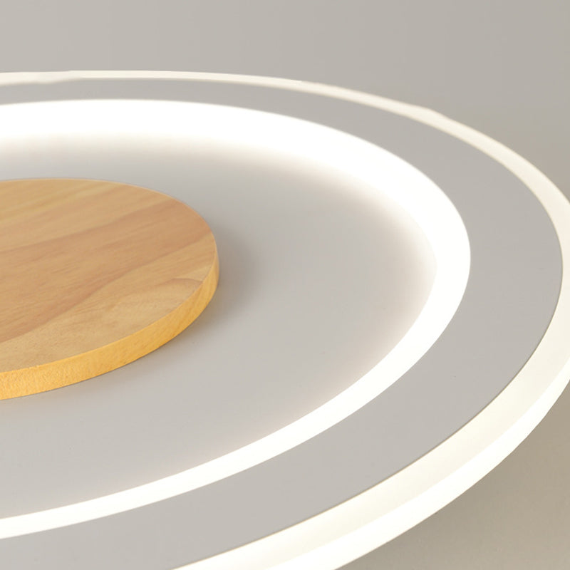 White Circle Flush Light Modern Wood LED Ceiling Light Fixture for Bedroom