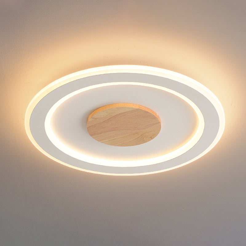 White Circle Flush Light Modern Wood LED Ceiling Light Fixture for Bedroom