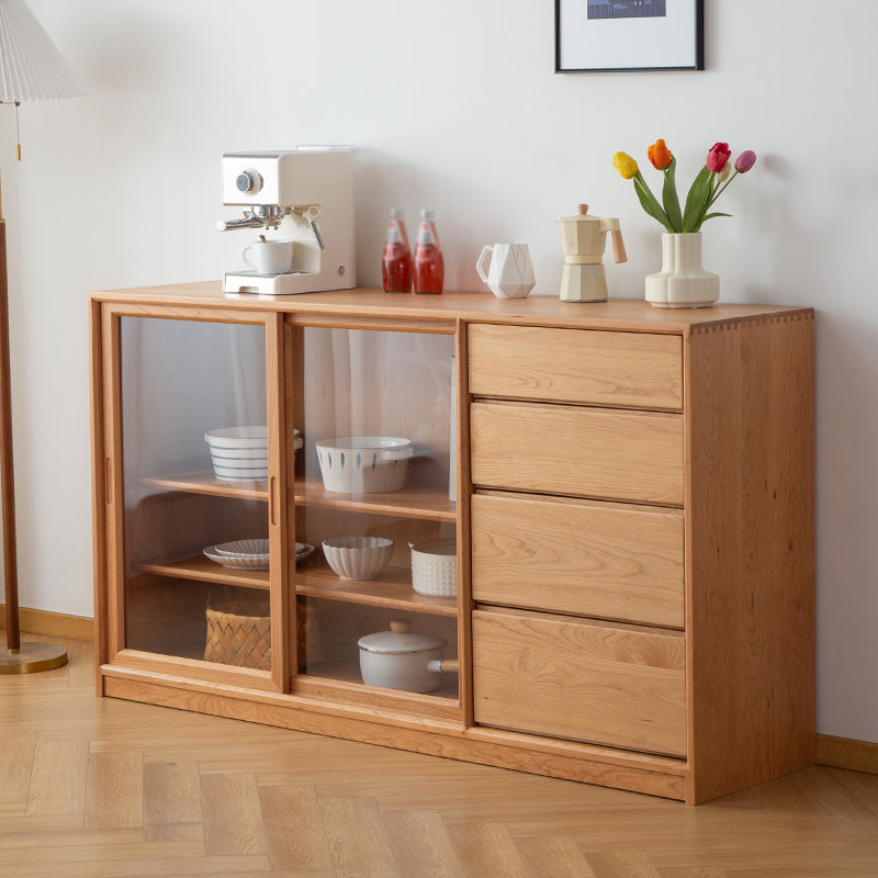 Modern Wood Cupboard 4 Drawers and Sliding Doors Kitchen Sideboard for Dining Room