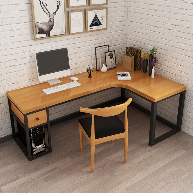 Solid Wood Computer Desk Industrial Style L-Shape Office Desk with Storage and Drawer