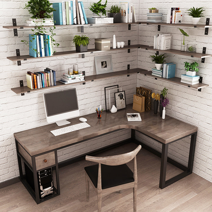 Solid Wood Computer Desk Industrial Style L-Shape Office Desk with Storage and Drawer