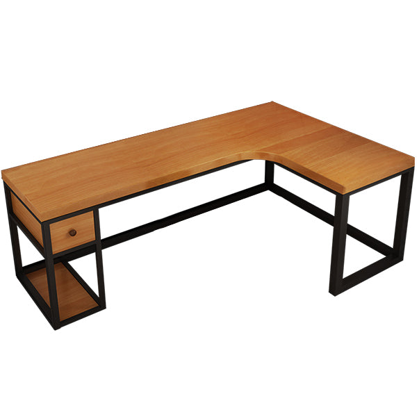 Solid Wood Computer Desk Industrial Style L-Shape Office Desk with Storage and Drawer