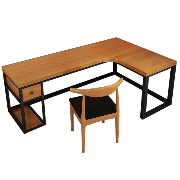 Solid Wood Computer Desk Industrial Style L-Shape Office Desk with Storage and Drawer