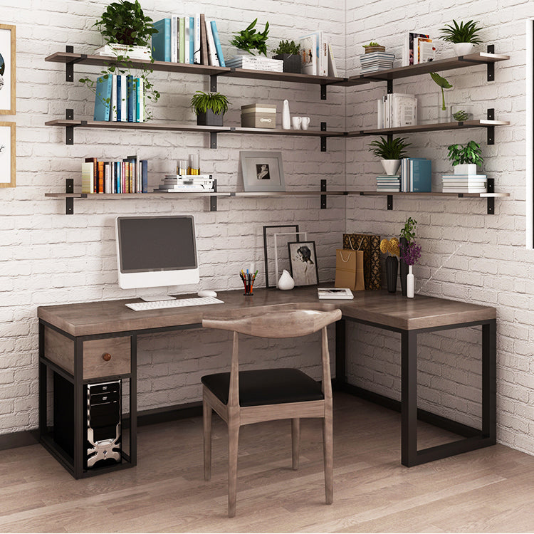 Solid Wood Computer Desk Industrial Style L-Shape Office Desk with Storage and Drawer