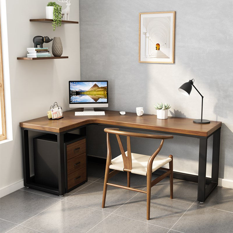 Solid Wood Writing Desk Industrial Style L-Shape Office Desk