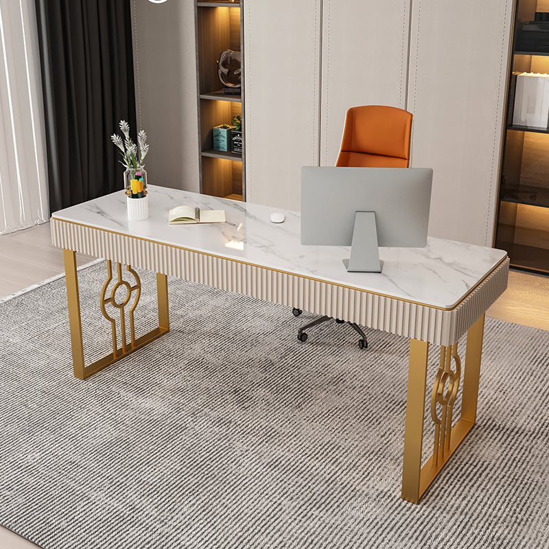 Glam Style 2-drawer Office Desk Sintered Stone Desk with Sled Base