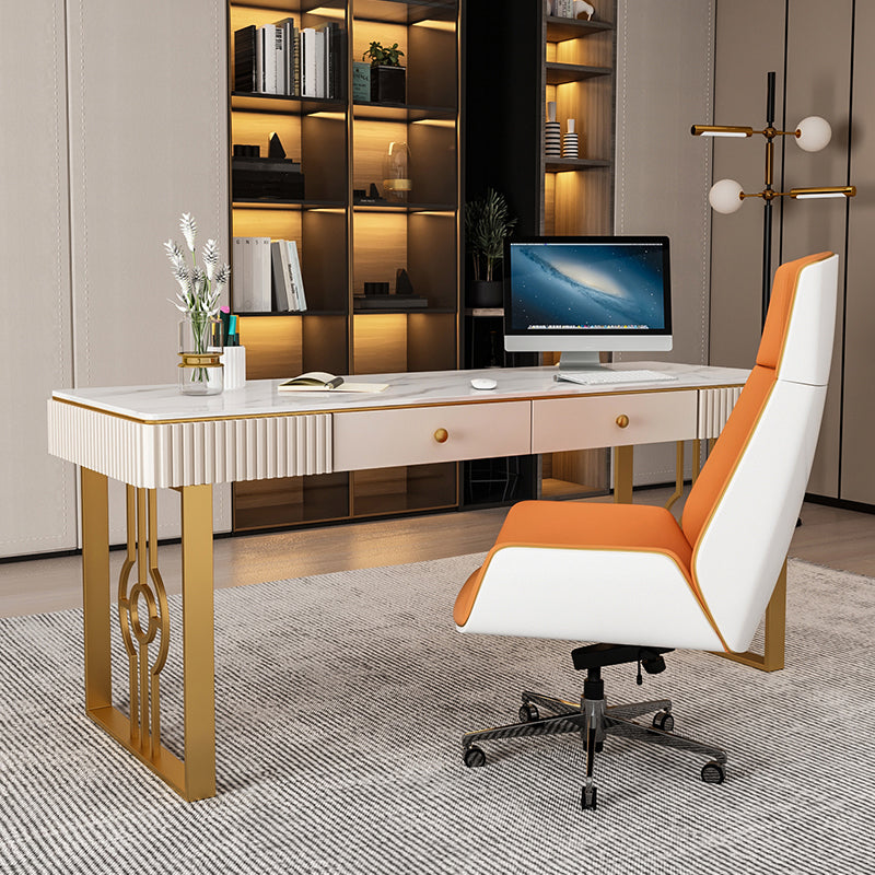 Glam Style 2-drawer Office Desk Sintered Stone Desk with Sled Base