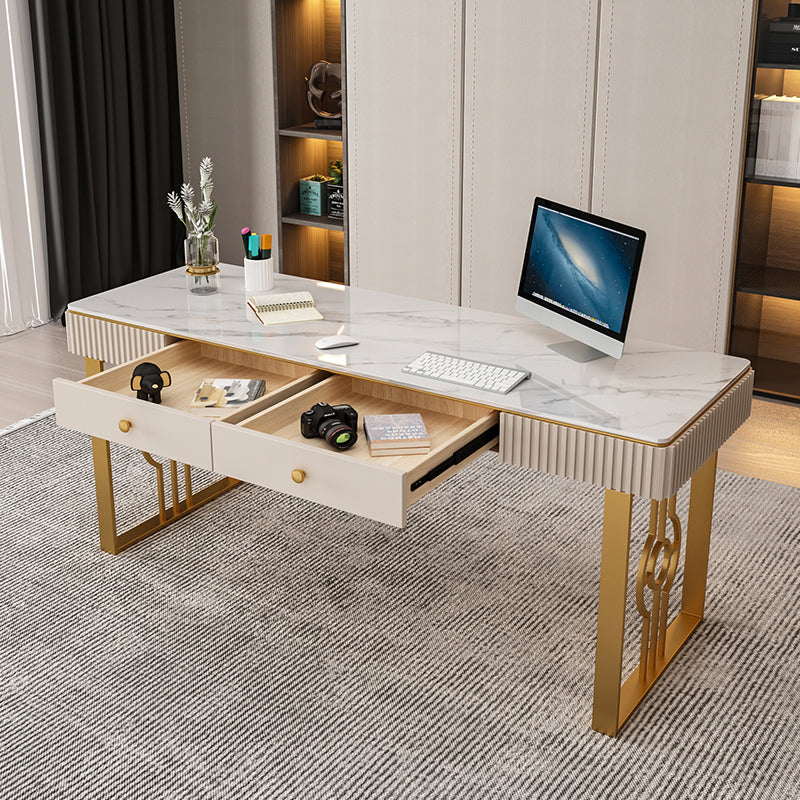 Glam Style 2-drawer Office Desk Sintered Stone Desk with Sled Base