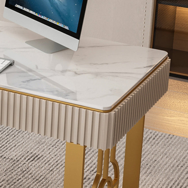 Glam Style 2-drawer Office Desk Sintered Stone Desk with Sled Base