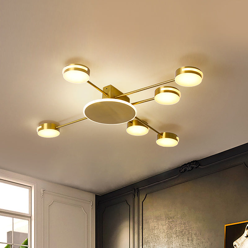 Gouden cirkelvormige spoelverlichting modernisme 6 koppen metalen LED semi -spoellamp met acrylschaduw in wit/warm/natuurlijk licht