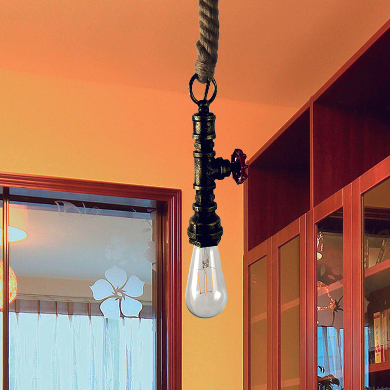 Pipe and Valve Iron Pendant Light Vintage 1 Bulb Bar Hanging Ceiling Lamp in Black/Silver/Copper with Rope Cord