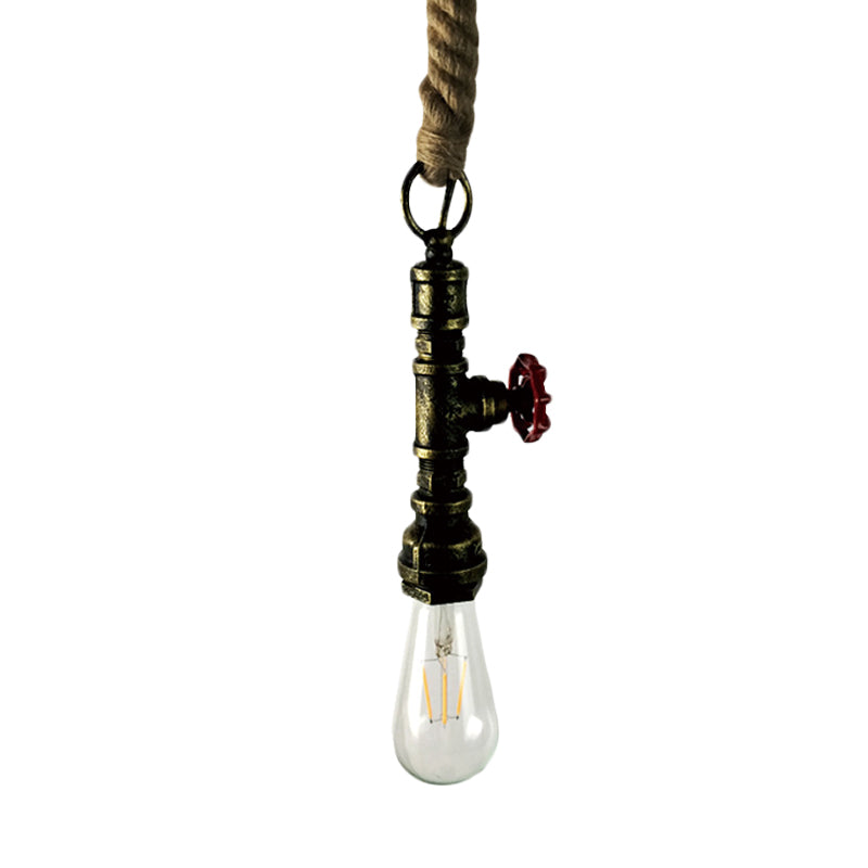 Pipe and Valve Iron Pendant Light Vintage 1 Bulb Bar Hanging Ceiling Lamp in Black/Silver/Copper with Rope Cord