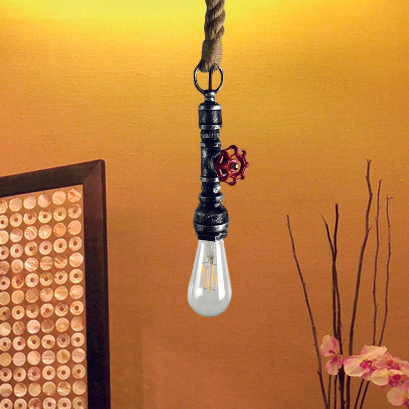 Pipe and Valve Iron Pendant Light Vintage 1 Bulb Bar Hanging Ceiling Lamp in Black/Silver/Copper with Rope Cord