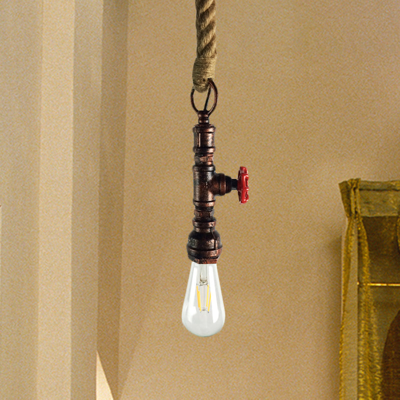 Pipe and Valve Iron Pendant Light Vintage 1 Bulb Bar Hanging Ceiling Lamp in Black/Silver/Copper with Rope Cord