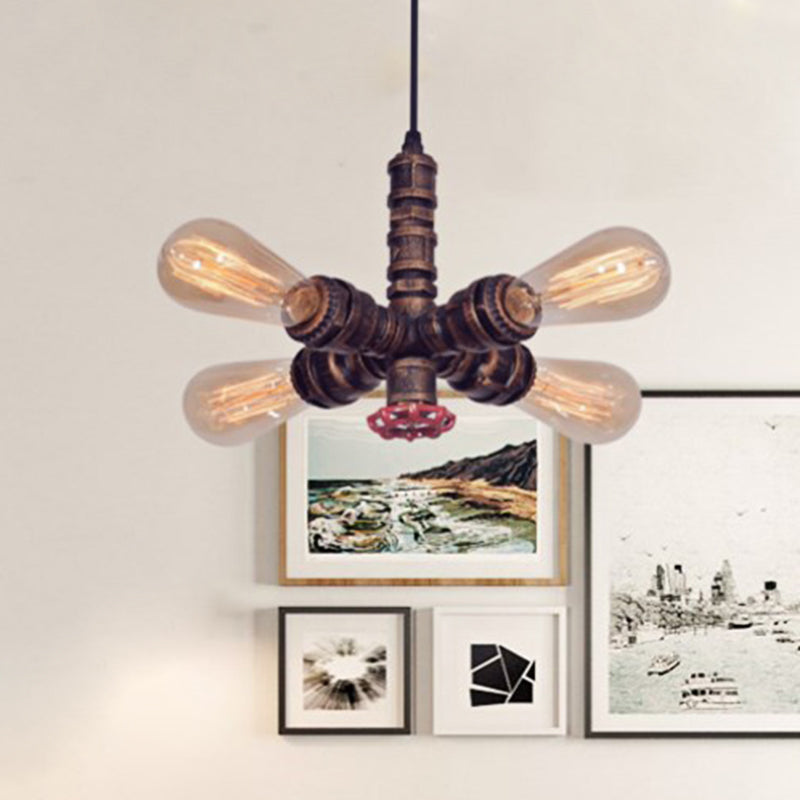 Copper Radial Pipe Hanging Lighting Industrial Iron 4 Bulbs Living Room Chandelier Pendant Lamp with Valve Deco