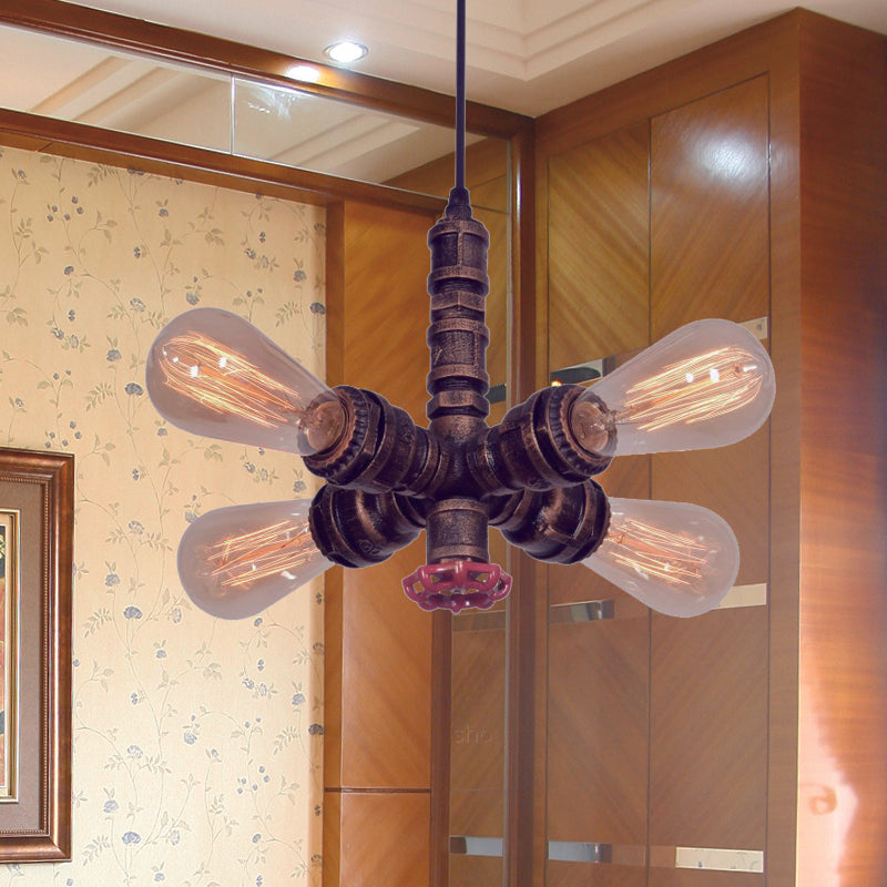 Copper Radial Pipe Hanging Lighting Industrial Iron 4 Bulbs Living Room Chandelier Pendant Lamp with Valve Deco