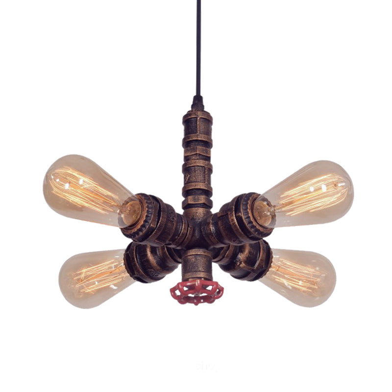 Copper Radial Pipe Hanging Lighting Industrial Iron 4 Bulbs Living Room Chandelier Pendant Lamp with Valve Deco