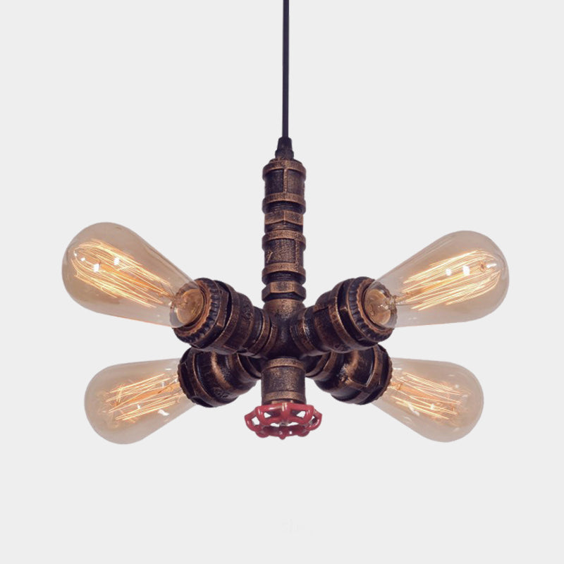 Copper Radial Pipe Hanging Lighting Industrial Iron 4 Bulbs Living Room Chandelier Pendant Lamp with Valve Deco