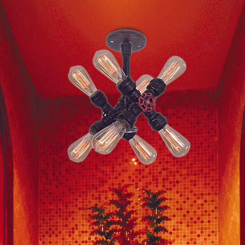 INIRO 8-BOLB SEMI SEMI FLUSH LIGHT LIGUATA VINTAGE NERO CAMPORE CAMERA BASCIO LIGHITTO CON VALVOLE DECO