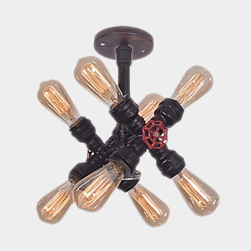 8-Bulb Iron Semi Flush Mount Light Vintage Black Crossing Pipe Bedroom Flush Ceiling Light with Valve Deco