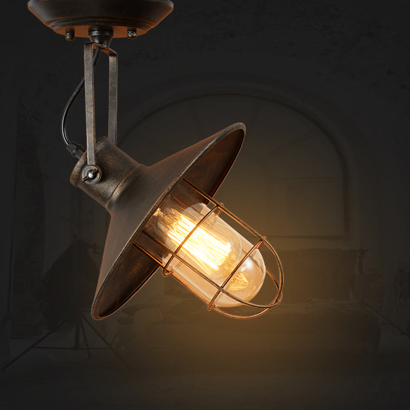 1 Light Flushmount Lighting Industrial Wide Flare Metallic Adjustable Semi Flush Mount Lamp in Rust with Cage and Handle