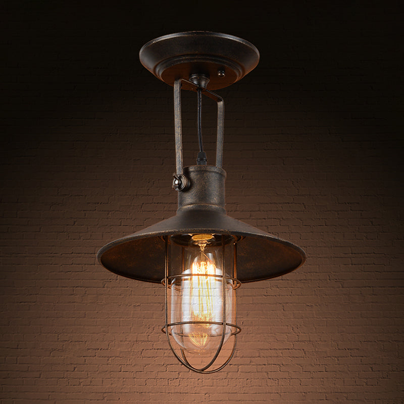 1 Light Flushmount Lighting Industrial Wide Flare Metallic Adjustable Semi Flush Mount Lamp in Rust with Cage and Handle