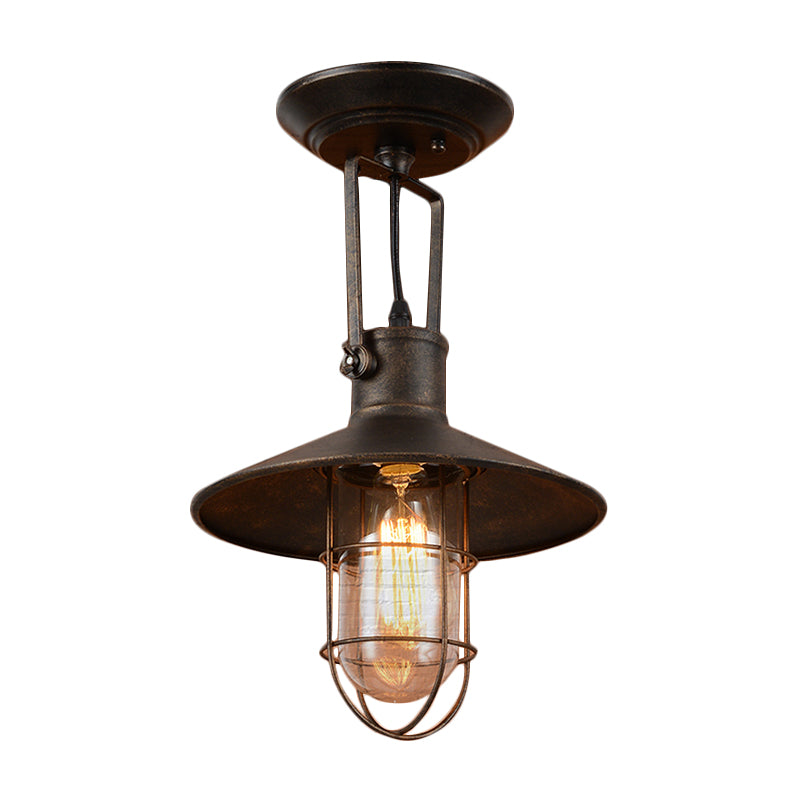 1 Light Flushmount Lighting Industrial Wide Flare Metallic Adjustable Semi Flush Mount Lamp in Rust with Cage and Handle