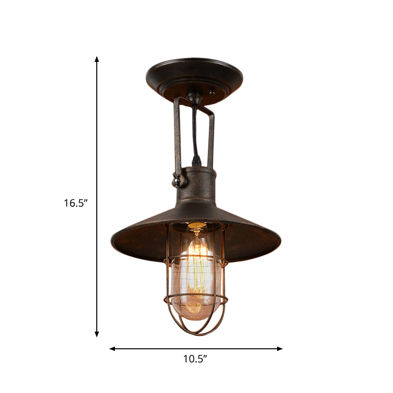 1 Light Flushmount Lighting Industrial Wide Flare Metallic Adjustable Semi Flush Mount Lamp in Rust with Cage and Handle