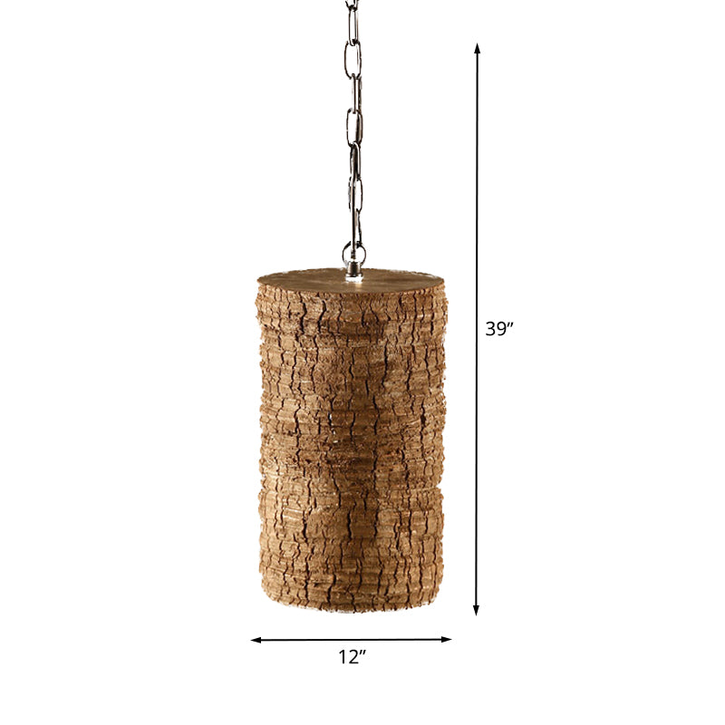 1 Light Cylinder Hanging Light Kit Industrial Brown Resin Pendant Ceiling Lamp with Timber Pile Design