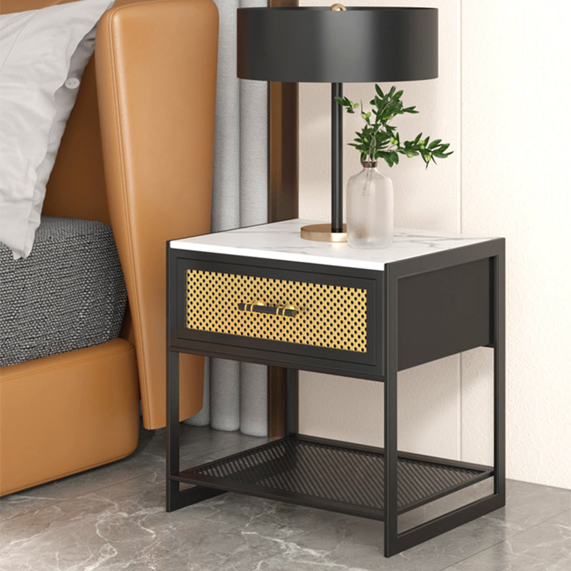 Stone Top Storage Nightstand Metal Night Table with Shelves and Drawer