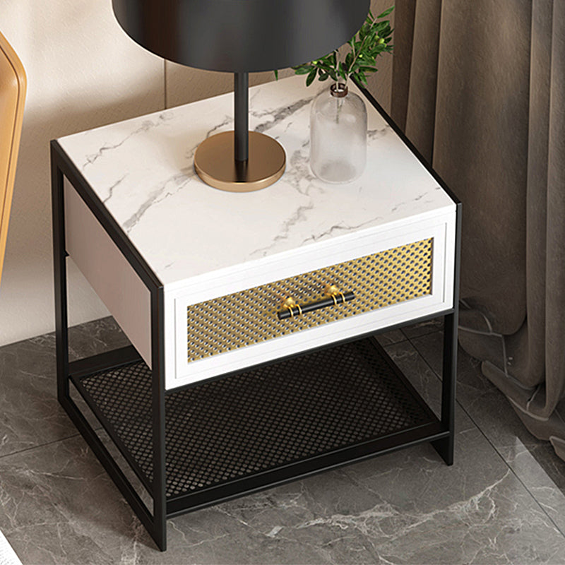 Stone Top Storage Nightstand Metal Night Table with Shelves and Drawer