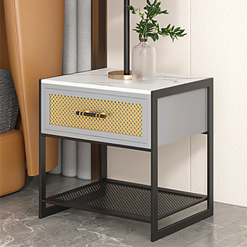 Stone Top Storage Nightstand Metal Night Table with Shelves and Drawer