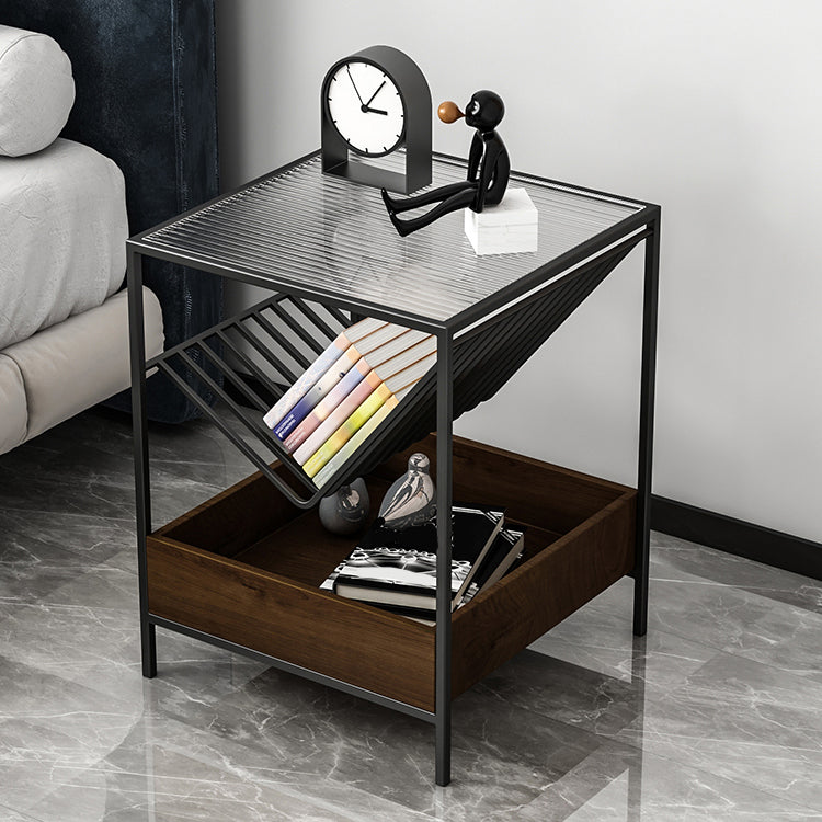 Glass Top Night Table with Shelves Contemporary Metal Nightstand